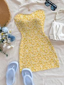 Soleia Women's Minimalist Chic Flower Print Mini Dress, Suitable For Summer/Spring,Pastel Dresses For Women Suitable For Going Out - Yellow - View 1