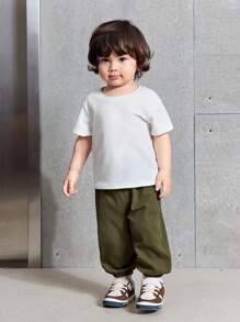 SHEIN 3pcs Baby Boy/Girl Olive Green Vest,Short Sleeve T-Shirt And Pants Set,Autumn Street Life Casual Graphic Street Fashion,Vacation Soft Sporty Outfit - Green - View 6