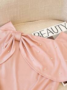 Franclia 法式甜美露肩短袖针织上衣，带珠饰和蝴蝶结装饰，女士短款，夏季新品 - 粉色 - 查看 4