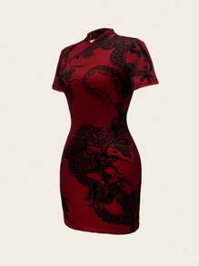 SHEIN LUNE Women's Dragon Print Asymmetrical Hem Slim Fit Mini Dress - Multicolor - View 3