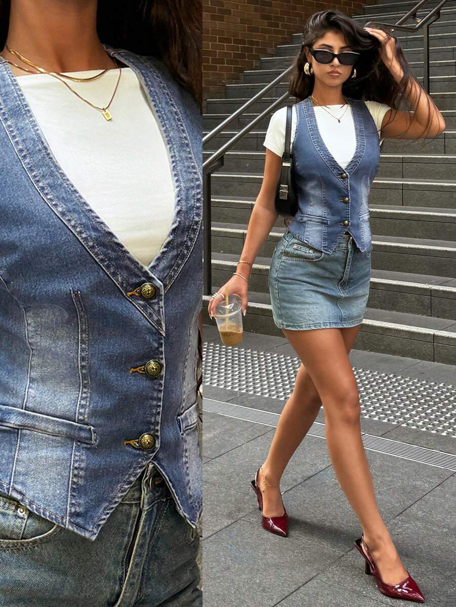 Forever 21 女士无袖牛仔背心夹克 - 藍色 - 查看 1