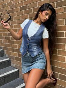 Forever 21 女士无袖牛仔背心夹克 - 藍色 - 查看 5