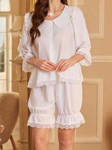 优雅法式彼得潘领可爱女士睡衣套装 - 白色 - 查看 4