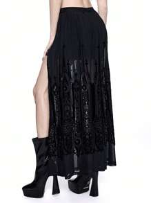 ROMWE Goth Vintage Gothic Castle Flocked Pattern Skirt