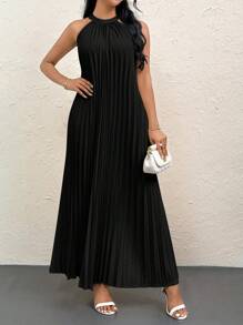 SHEIN Privé Apricot Elegant Vacation/Commute/Party Tie Neck Sleeveless Pleated Hem Maxi Dress