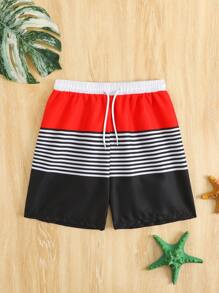 Tween Boy Stripe Patchwork Solid Colored Beach Shorts, Woven Fabric With Nylon Drawstring Waist