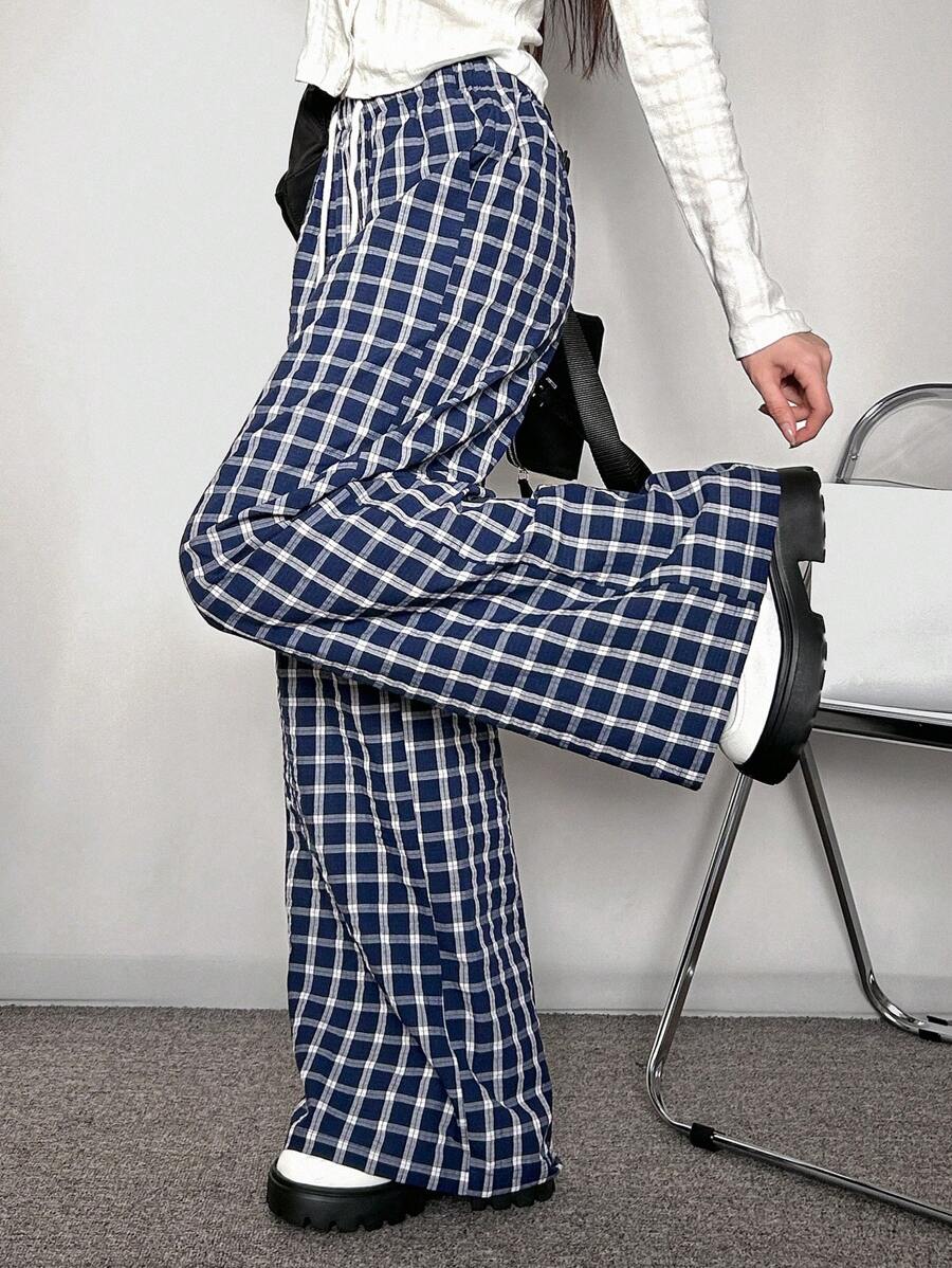 FRIFUL 女款蓝色格纹直筒休闲裤，春季 - 藍色 - 查看 1