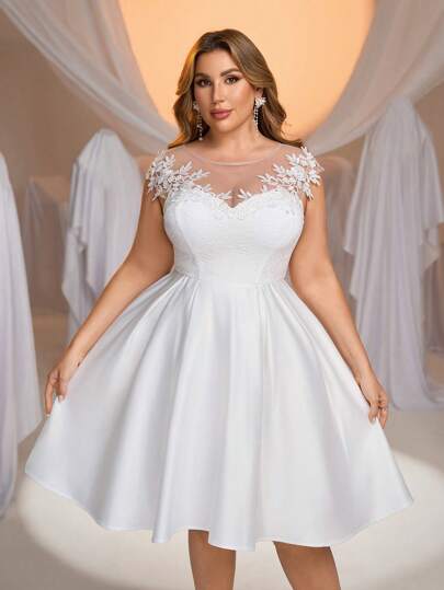 Glamrae Plus Size Elegant Romantic White Collar See-Through A-Line Wedding Dress, Bridal Gown, Bridal Shower Dress, Little White Dress, Bride