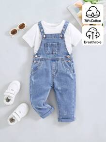 SHEIN Baby Girls Cute Loose Fit Blue Denim Overallsgirl Fall And Winter Clothes,Street Cool Style Denim Clothes