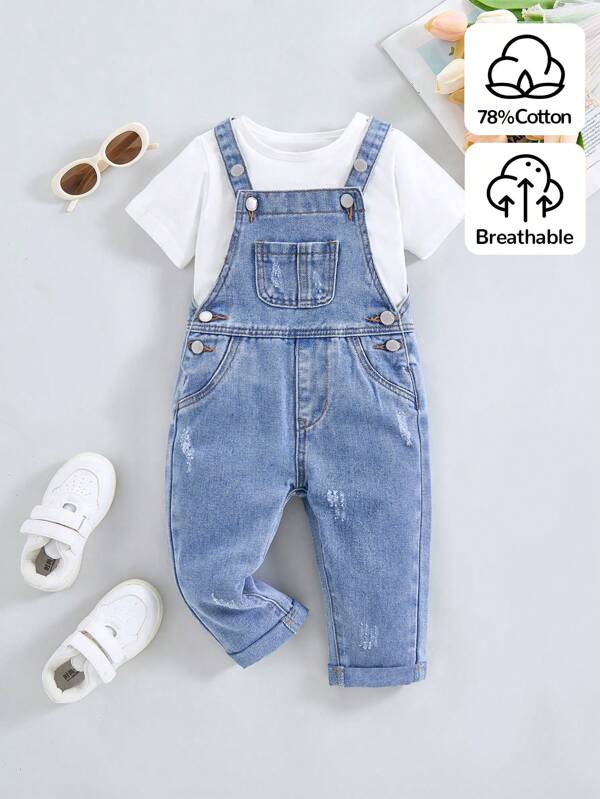 SHEIN Baby Mädchen niedliche weit geschnittene blaue Jeans-Latzhosen, Mädchen Herbst- und Winterkleidung, straßencoole Jeansmode