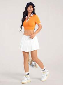 Hanevo Women's Minimalist Collared Short Sleeve Athletic Top Sportwear For Daily Wear - Orange - View 1