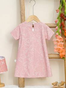 Baby Girl Sweet Cute Bear Print Long Nightgown, Short Sleeve, Sleepwear, Family Matching - Pink - View 2