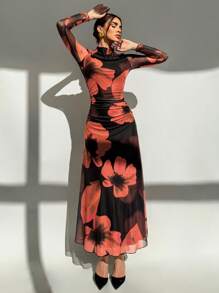 Aloruh New Autumn/Winter Red Tie Dye Floral Mesh Print Party Long Sleeve Fitted Dress, Holiday Attire - Multicolor - View 3