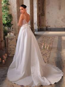 Glamrae Elegant White Satin Backless Dress With Sheer Mesh Panels, Adjustable Tie Shoulder Straps, Large Back Bow, Side Pockets, And Voluminous A-Line With Long Train, Bridal Gown, Wedding Dress, Bride - White - View 5