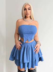 SHEIN SXY Plus Size Women Sexy Streetwear Gyanu Y2K Chic Midriff Baring Crop Top With Textured Ribbed Knit Fabric And Layered Ruffle Hem Mini Skirt Set, Suitable For Everyday Wear, Date Night, Birthday, Bachelorette Party, Elegant, Casual, Shopping, Streetwear, Going Out, , Easy To Match & Looks Slim, Accentuates Body, Flatters The Figure - Pink - View 1