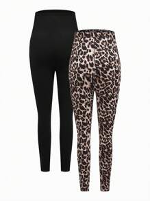 SHEIN Maternity Adjustable Waist Black Leggings And Leopard Print Leggings, Multi-Color - Multicolor - View 8