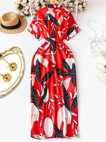 SHEIN LUNE 大码女式畅销翻领短袖红色波西米亚风系腰可拆卸前纽扣中长连衣裙，夏季