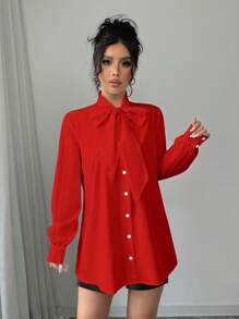 Elenzga Solid Color Bowknot Neck Long Women's Shirt; Shirt For Women; Blouse - Red - View 4