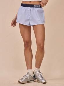 中腰弹力腰带格纹刺绣“Musera”短裤，夏季可爱时尚优雅