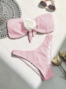 SHEIN Swim 女士 3D 花卉装饰比基尼套装，夏季海滩度假 - 粉色 - 查看 3