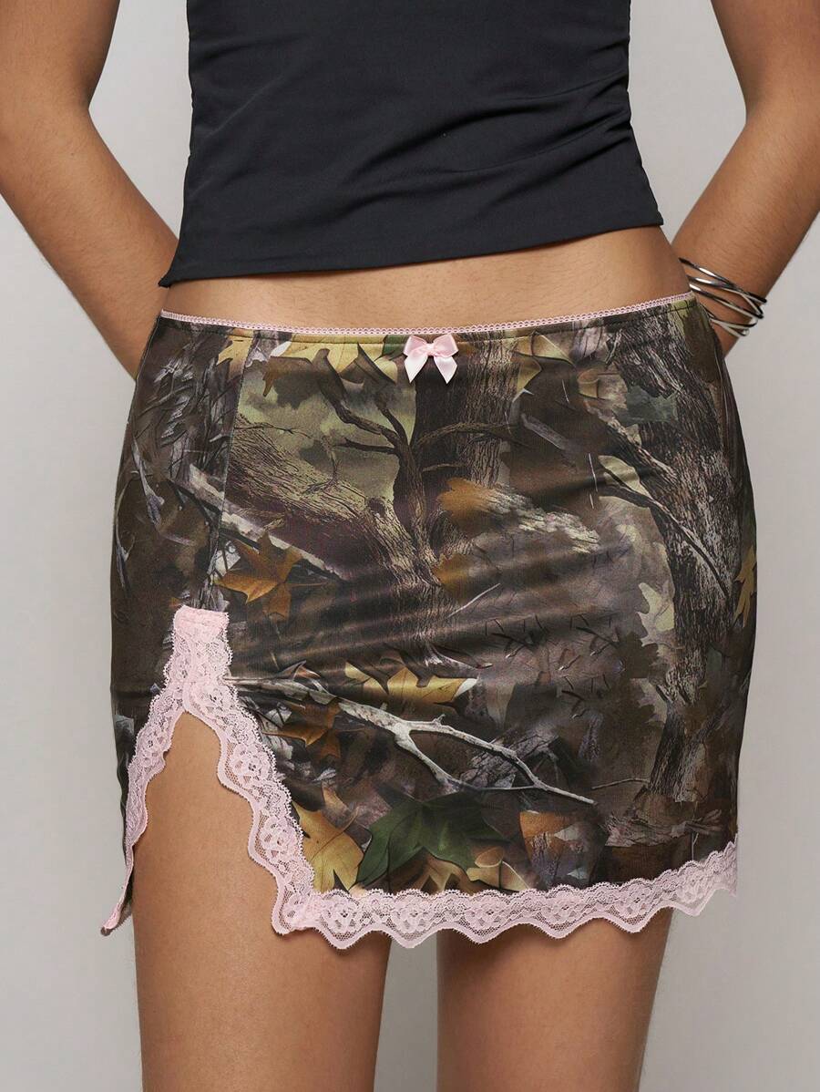 Easelle Falda de malla con estampado para mujer con adorno de encaje y lazo