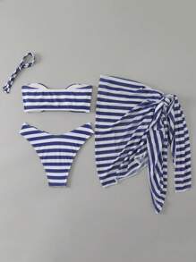 Swim Vcay Conjunto de 3 piezas de ropa de playa de verano para mujer: Top de traje de baño con bandeau a rayas y tirantes desmontables, tanga con decoración metálica y vestido de red anudado para la playa y vacaciones