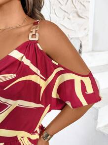 SHEIN Clasi Plus Size Women's Elegant Open Shoulder Vacation Dress - Red - View 3