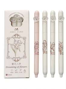 4pcs/Box Black Rotating Pen With INS Style Highly Attractive Value ST Head, Black Floral Dreamscape, Quick-Drying Homework Brush Pen Back To School, Durable, Ease Of Use, Giftable, Versatile