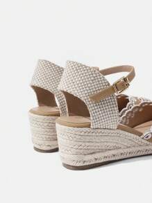 Styleloop Women's Minimalist Ankle Strap Canvas Shoes, Faux Leather Ankle Strap Rope Sole Wedge Platform Bohemian Style Western Music Festival Party Sandals - Camel - View 3