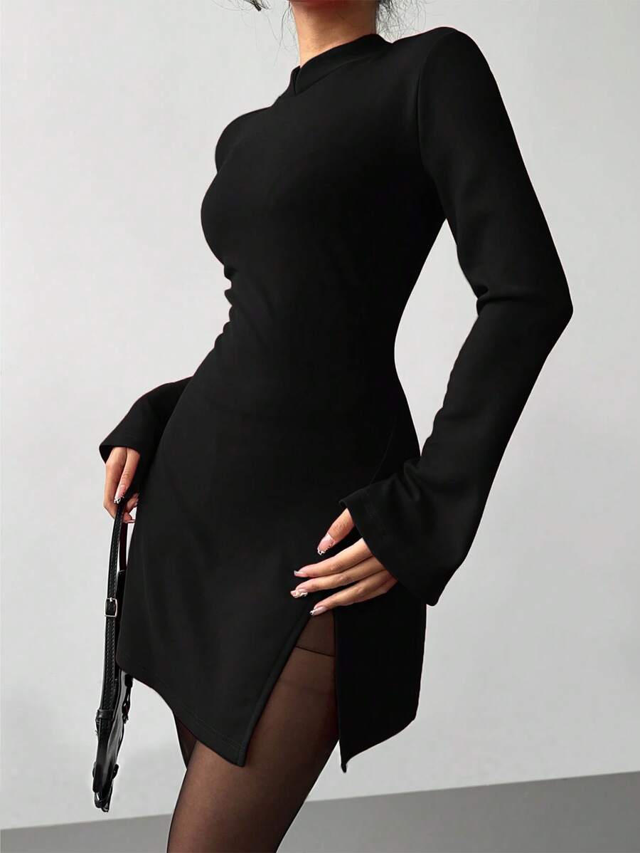 Aloruh 新款情人节/中国新年服装：复古硬币图案立领合身喇叭袖口优雅红色连衣裙，适合约会和派对