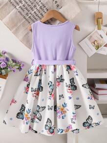 SHEIN Girls Ribbed Top & Rose Pattern Woven Fabric Print Summer Holiday Party Dress - Purple - View 2