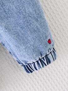 Baby Girl Heart Embroidery Ruffle Hem Jumpsuit,Holiday,Summer,Travel - Light Wash - View 3