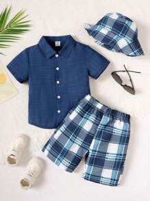 SHEIN 2pcs/Set Young Boy Casual Solid Color Button-Up Short Sleeve Shirt And Plaid All-Over Print Shorts Outfit, Suitable For Summer Casual, Party, Daily Wear, School, Travel, Getaway, Holiday, Relaxation, Sunbathing - Blue - View 1