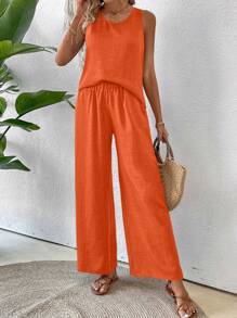 Breezaya Women Solid Color Backless Sleeveless Top And Pants Two Pieces Set - Orange - View 5