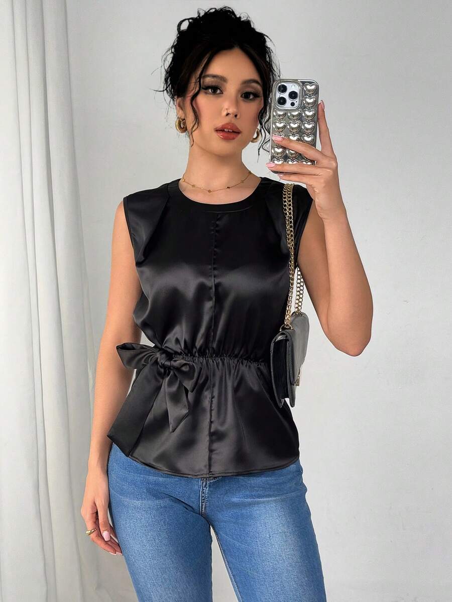 Chiquease 女式杏色收腰无袖衬衫，夏季 - 黑色 - 查看 1