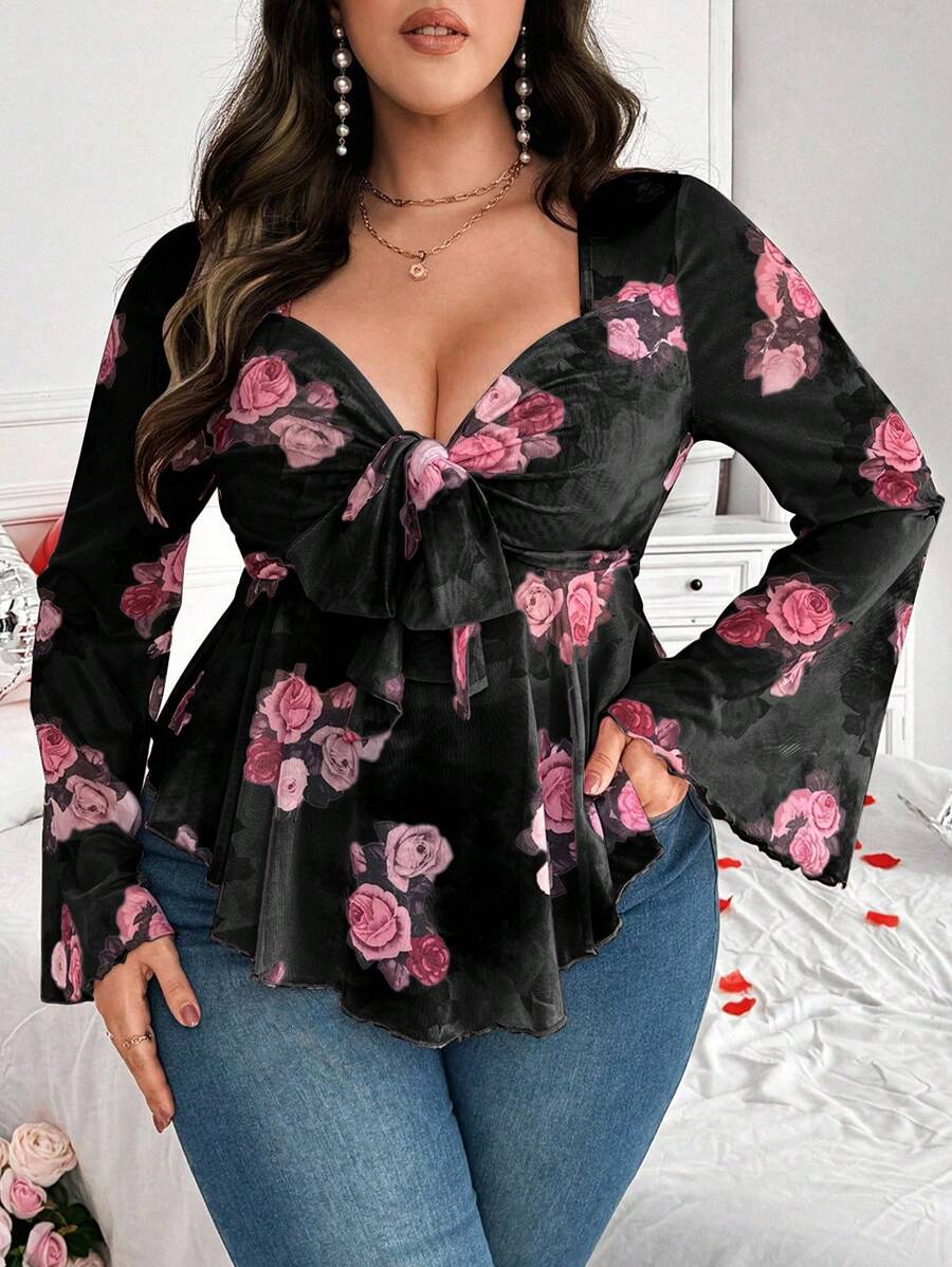 Vionelle 大码女式花卉印花前系带长袖 T 恤