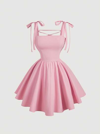SHEIN MOD Vestido midi romántico y caprichoso de espalda descubierta con lazo, adecuado para citas, fiestas, vacaciones, té y cumpleaños
