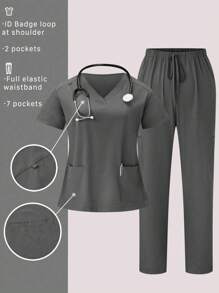 TaskEZ Plus Size Women's Solid Color V-Neck Pocket Short Sleeve Top And Pants Scrub Uniform Set - Grey - View 1