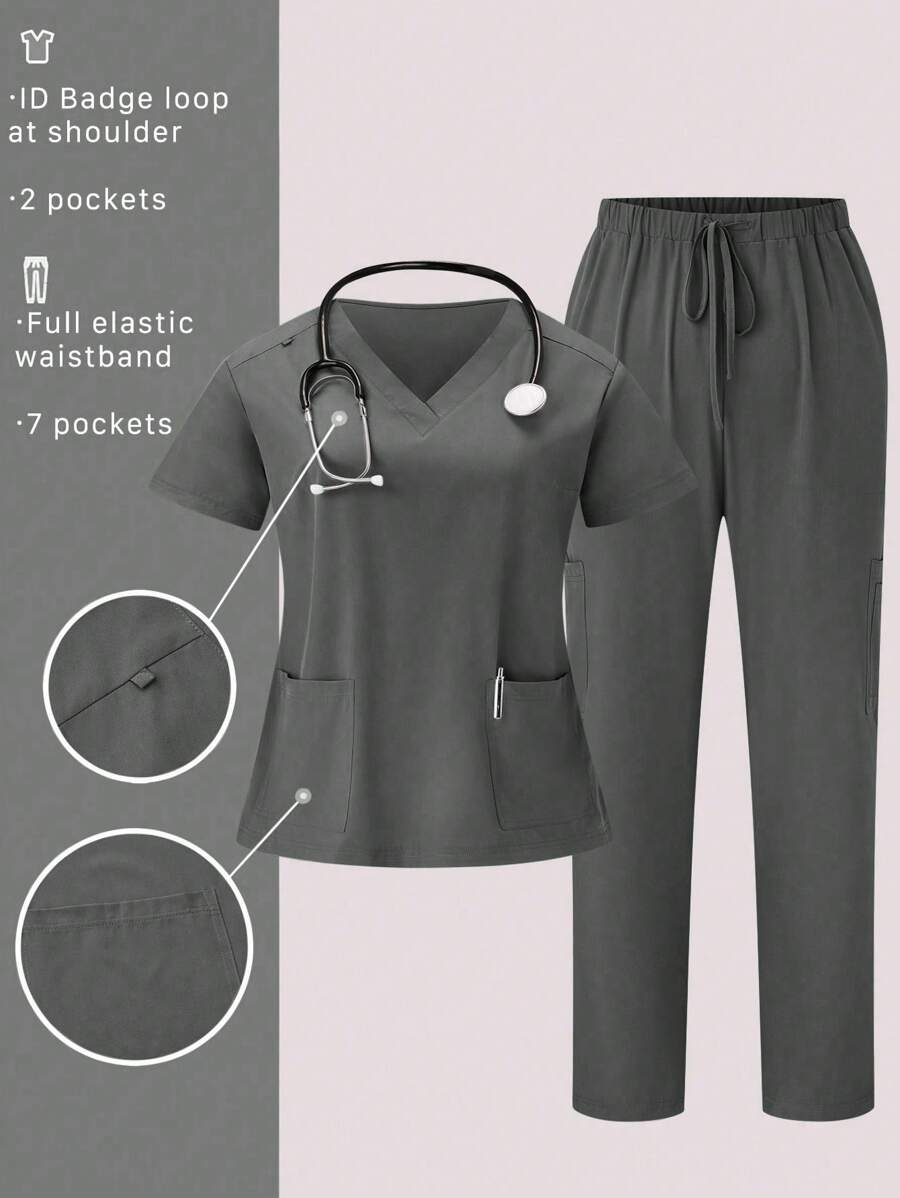 TaskEZ Plus Size Women's Solid Color V-Neck Pocket Short Sleeve Top And Pants Scrub Uniform Set - Grey - View 1