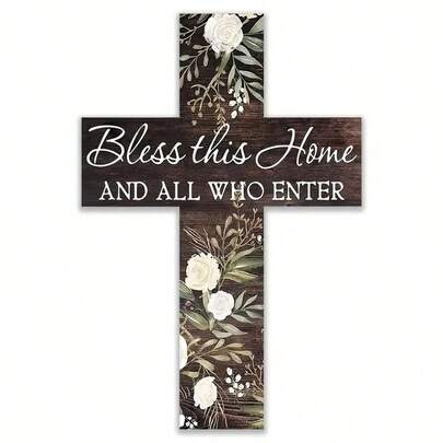SHEIN 1pc Thánh giá trên tường, "God Bless This Home" Tấm gỗ tùy chỉnh, Phước lành cho ngôi nhà này và tất cả những ai bước vào, Thích hợp cho phòng ngủ, phòng khách, nhà bếp, Trang trí nhà cửa, 8"X12" / 20cmx30cm, Đồ gia dụng Trang trí ngày lễ Phục sinh