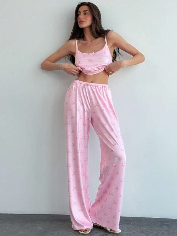 Aloruh Home Cute Pajamas Set With Strap, Loose Fit Low Waist Long Pants, Bow Decor