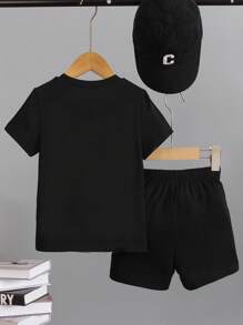 SHEIN 2pcs/Set Young Boy Casual Versatile Minimalist Letter Print Short Sleeve T-Shirt And Shorts, Suitable For Summer Occasions Like Outdoor, School, Getaway, Holiday, Travel, Relax, Sunbathing Summer Holiday - Black - View 2