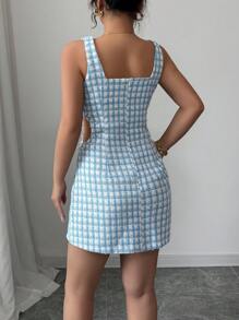 Elenzga 夏季淑女优雅办公室通勤镂空性感方领连衣裙