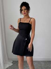SHEIN Clasi Elegant & Graceful Women Holiday Casual Party Sleeveless Frill Trim Dress - Black - View 3