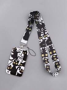 1 pieza Soporte de tarjeta de identificación con cordón de gato negro, portador de credencial para el gimnasio, cordón para el cuello y estuche para tarjetas DIY - Multicolor - Ver 1
