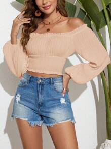 SHEIN VCAY Women's Solid Color Off Shoulder Short Fitted Long Sleeve Blouse - Dusty Pink - View 5