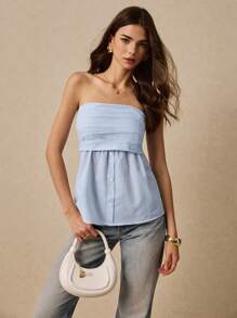 Poéselle Women's Casual Striped Strapless Top,Vacation Outfits Woman,Cute Summer Tops,Going Out Tops Women,Minimalist And Fashionable, Summer Outfits For Women - Blue and White - View 5