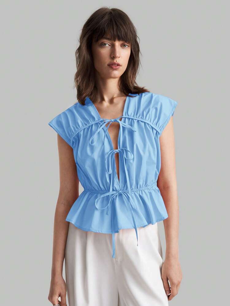 Women's 2025 Spring New Blue Simple Tie-Up Blouse, Casual Daily, Suitable For Valentine's Day, School Wear And Outgoing