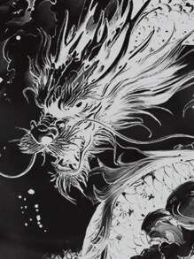 Manfinity Roughcore 时尚休闲中国水墨画龙元素印花男士修身短袖 T 恤，适合作为送给男朋友的礼物 - 黑色 - 查看 3