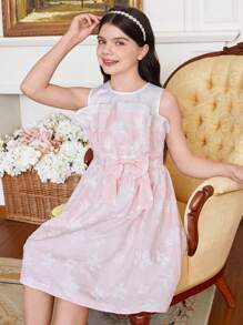 SHEIN DRMZ Tween Girl Tween Girl Plain Texture Fabric Splicing Satin Sleeveless Dress, 3D Design, Preintegrated